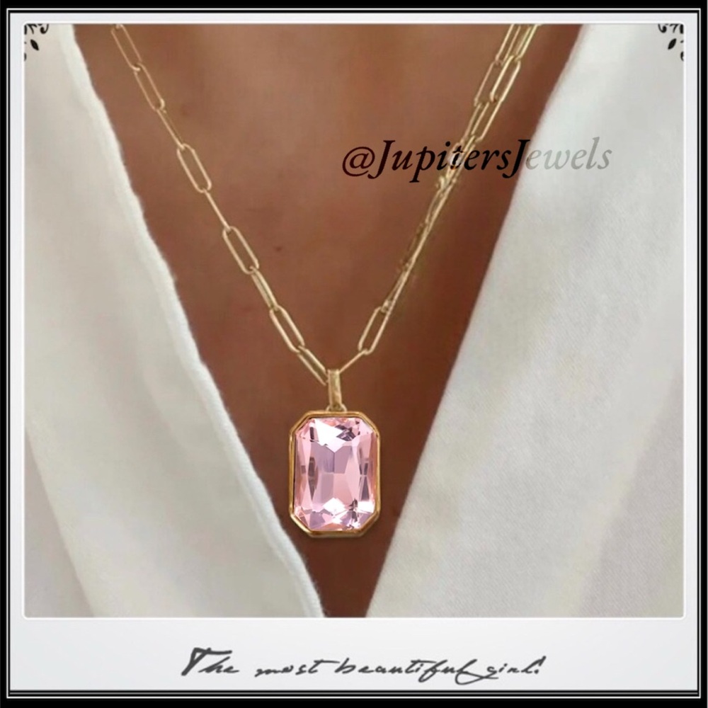 14k Gold Crystal Cut Pink Amethyst Topaz Minimalist Paperclip Necklace - Picture 1 of 6
